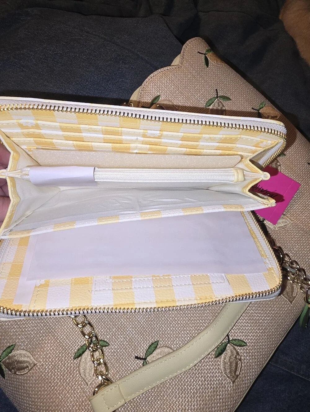 NWT Betsey Johnson Yellow Lemon Embroidered Tote with Matching Check Wallet
